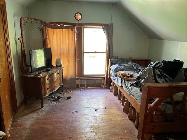 bedroom with lofted ceiling and hardwood / wood-style flooring