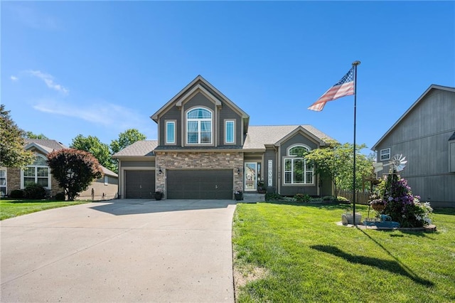 11028 N Tullis Ct, Kansas City, MO 64157 - view of front of property featuring driveway, a front yard, an attached garage, and stone siding