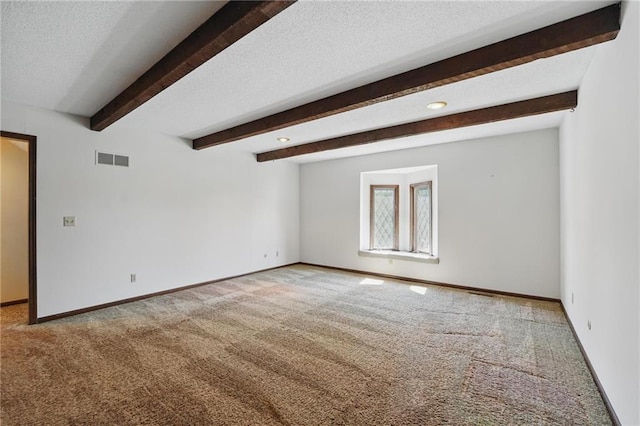 spare room with carpet floors, baseboards, beam ceiling, a textured ceiling, and recessed lighting