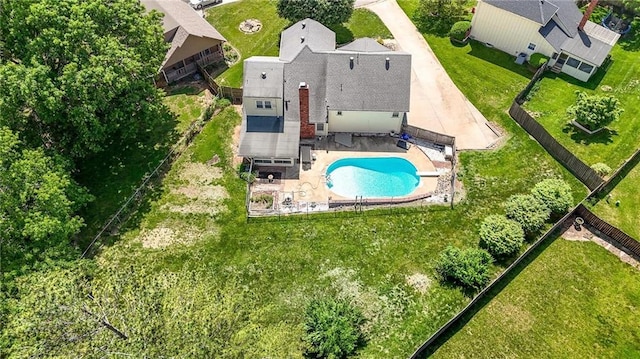view from above of property featuring a pool