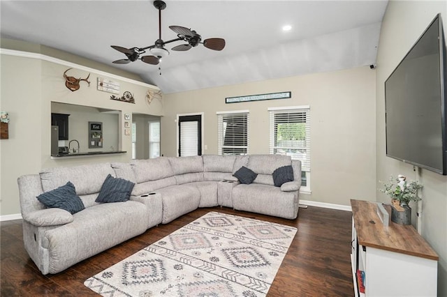 222 Prairie Ln, Wellsville, KS 66092 - living room featuring a ceiling fan, lofted ceiling, baseboards, dark wood-style flooring, and recessed lighting