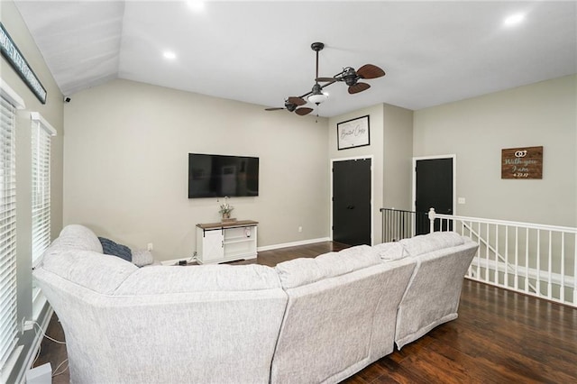 222 Prairie Ln, Wellsville, KS 66092 - living room featuring a ceiling fan, wood finished floors, baseboards, lofted ceiling, and recessed lighting