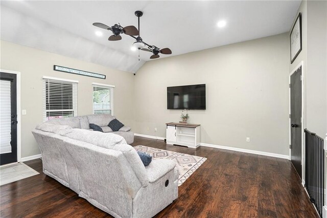 222 Prairie Ln, Wellsville, KS 66092 - living room with vaulted ceiling, a ceiling fan, baseboards, wood finished floors, and recessed lighting