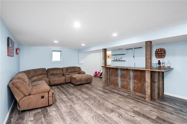 222 Prairie Ln, Wellsville, KS 66092 - living room featuring a bar, wood finished floors, baseboards, and recessed lighting