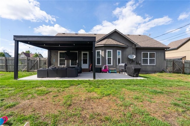 222 Prairie Ln, Wellsville, KS 66092 - back of property featuring an outdoor living space, a patio area, a gate, and roof with shingles
