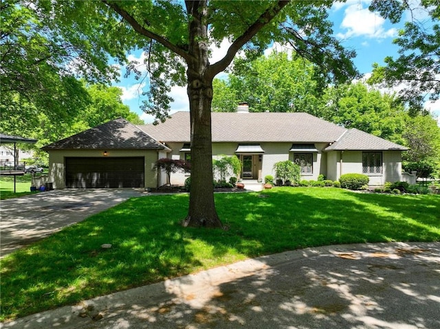 11203 Cedar St, Leawood, KS 66211 - ranch-style home featuring driveway, a front yard, a chimney, and an attached garage