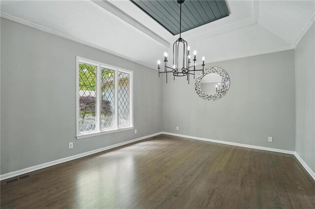 11203 Cedar St, Leawood, KS 66211 - unfurnished room featuring a chandelier, dark wood-type flooring, baseboards, a raised ceiling, and crown molding