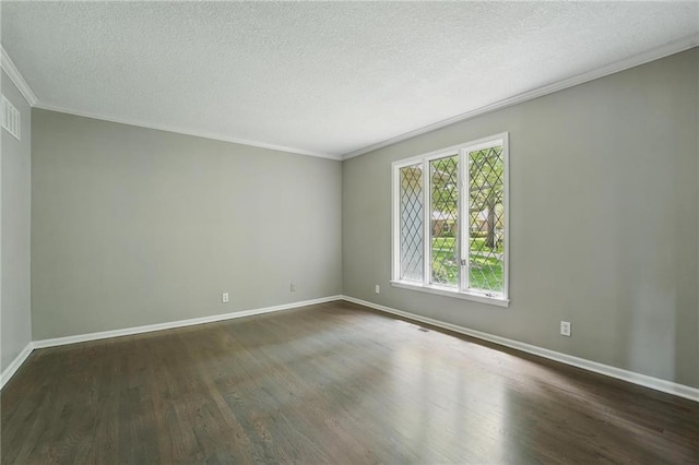 11203 Cedar St, Leawood, KS 66211 - empty room featuring dark wood-style floors, ornamental molding, a textured ceiling, and baseboards
