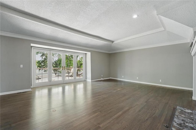 11203 Cedar St, Leawood, KS 66211 - unfurnished living room featuring a tray ceiling, dark wood-style flooring, a textured ceiling, baseboards, and crown molding
