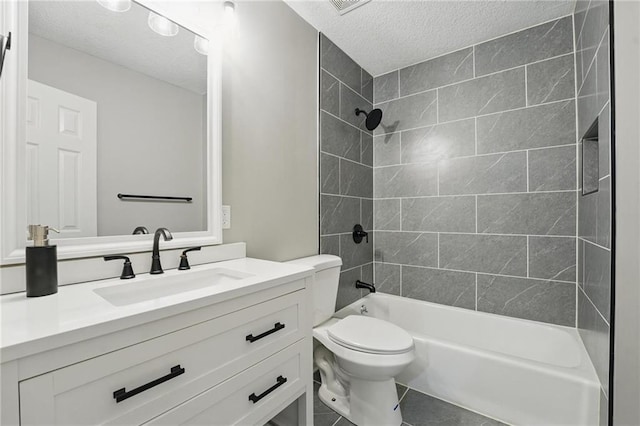 11203 Cedar St, Leawood, KS 66211 - bathroom with a textured ceiling, vanity, toilet, shower / bath combination, and tile patterned flooring