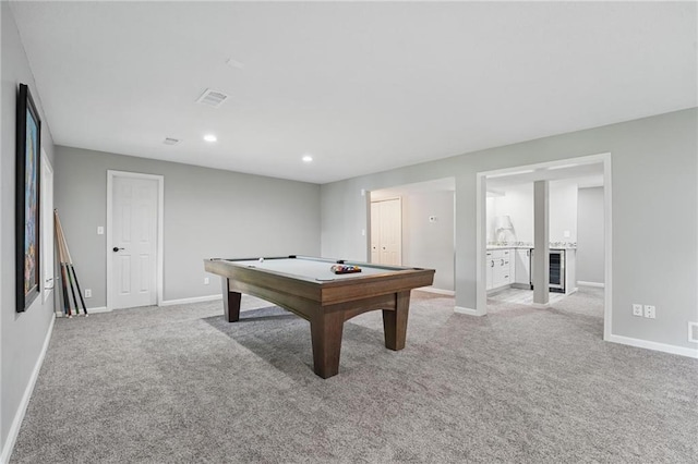 11203 Cedar St, Leawood, KS 66211 - recreation room with light colored carpet, baseboards, billiards table, and recessed lighting