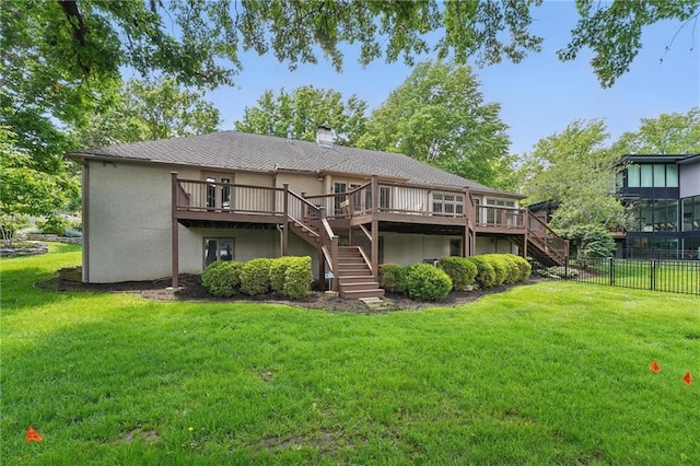 11203 Cedar St, Leawood, KS 66211 - rear view of house featuring stairway, a deck, stucco siding, and a chimney