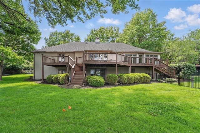 11203 Cedar St, Leawood, KS 66211 - rear view of property featuring stairs, a wooden deck, stucco siding, and a chimney