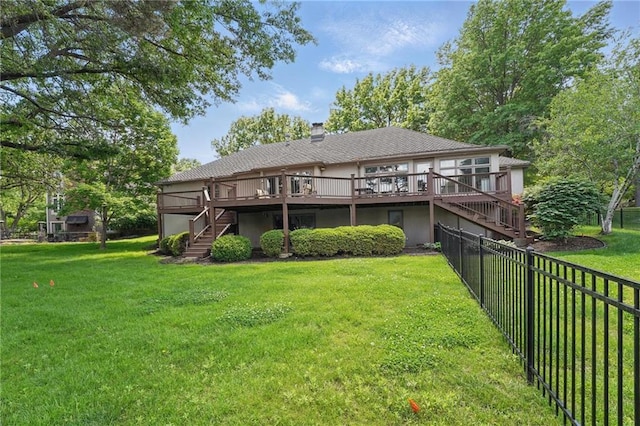 11203 Cedar St, Leawood, KS 66211 - rear view of property with stairs, a deck, and a chimney