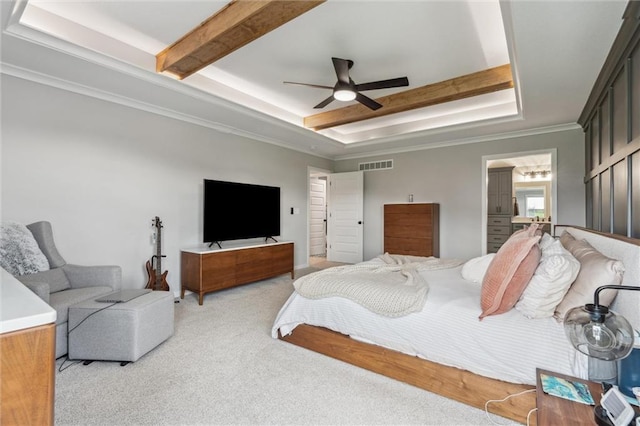4813 NE Jamestown Dr, Lees Summit, MO 64064 - bedroom featuring carpet floors, ornamental molding, a tray ceiling, ceiling fan, and ensuite bath