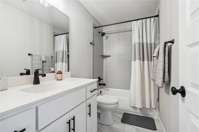 4813 NE Jamestown Dr, Lees Summit, MO 64064 - full bathroom featuring vanity, marble finish floors, and shower / bathtub combination with curtain