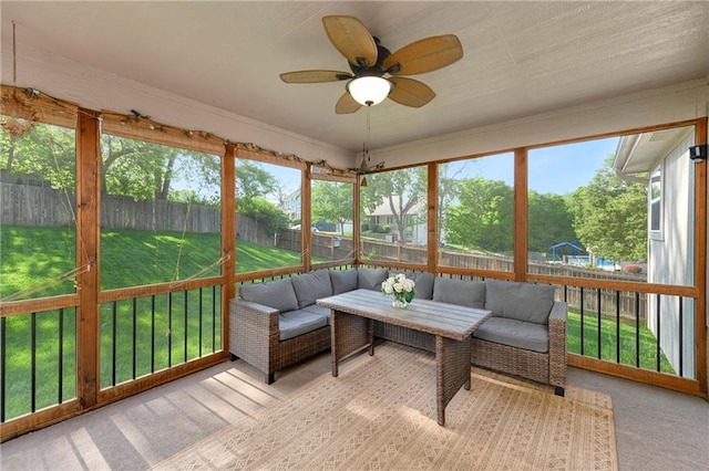 1200 SW Creekside Dr, Lees Summit, MO 64081 - sunroom / solarium with outdoor lounge area and a ceiling fan