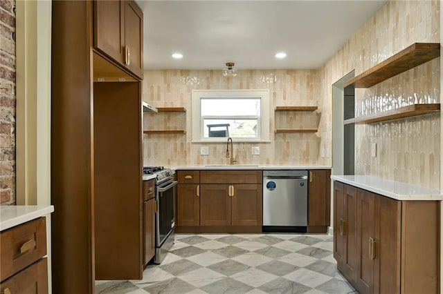 6327 Main St, Kansas City, MO 64113 - kitchen featuring open shelves, appliances with stainless steel finishes, a sink, light countertops, and recessed lighting