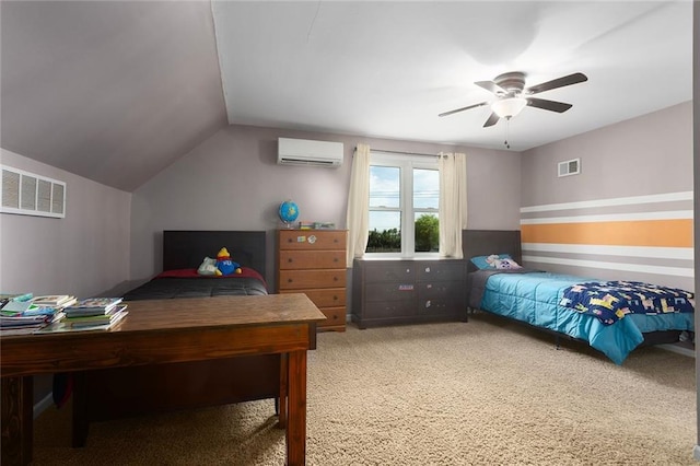 17699 157th Ter, Basehor, KS 66007 - carpeted bedroom with a wall unit AC, ceiling fan, and vaulted ceiling