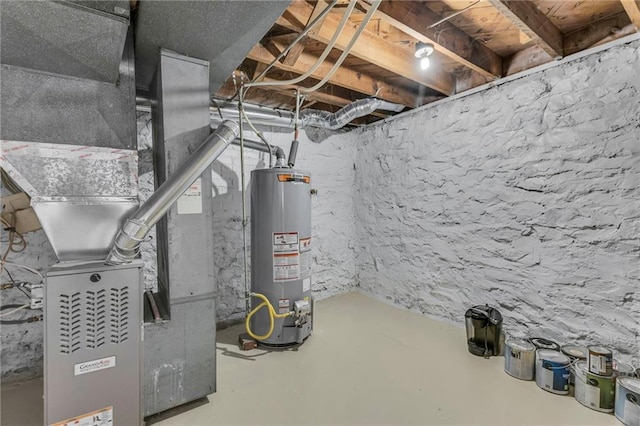 unfinished basement with gas water heater and heating unit