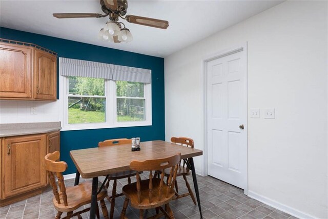 dining area featuring baseboards and a ceiling fan