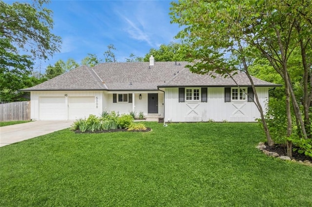 5008 W 79th St, Prairie Village, KS 66208 - single story home with an attached garage, driveway, board and batten siding, and a shingled roof