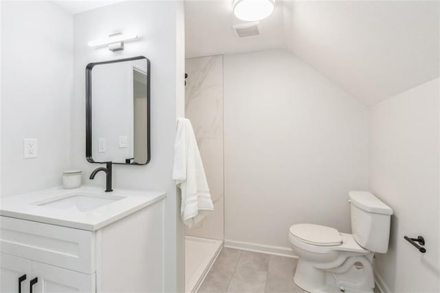 5008 W 79th St, Prairie Village, KS 66208 - bathroom with vaulted ceiling, toilet, a shower stall, and vanity