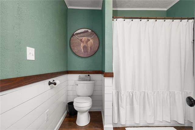 16805 266th Rd, Atchison, KS 66002 - full bathroom with toilet, a textured wall, wood finished floors, crown molding, and wainscoting
