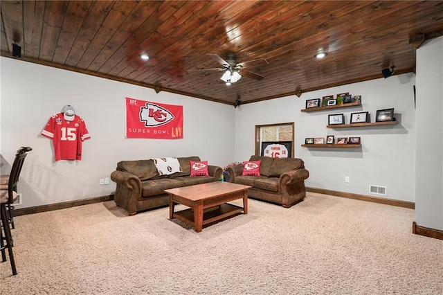 16805 266th Rd, Atchison, KS 66002 - carpeted living area featuring wooden ceiling, ceiling fan, baseboards, crown molding, and recessed lighting