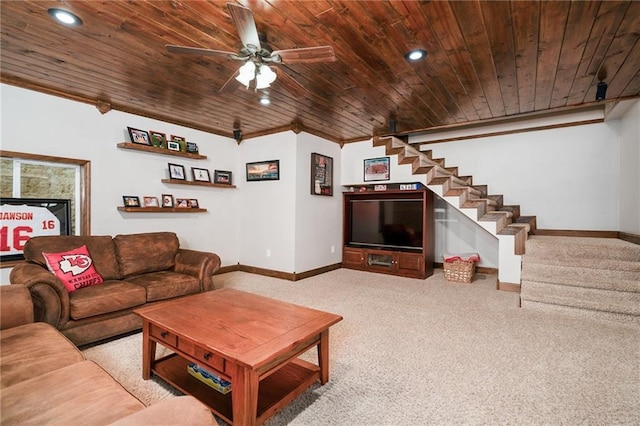 16805 266th Rd, Atchison, KS 66002 - living room with wood ceiling, stairs, carpet floors, baseboards, and a ceiling fan