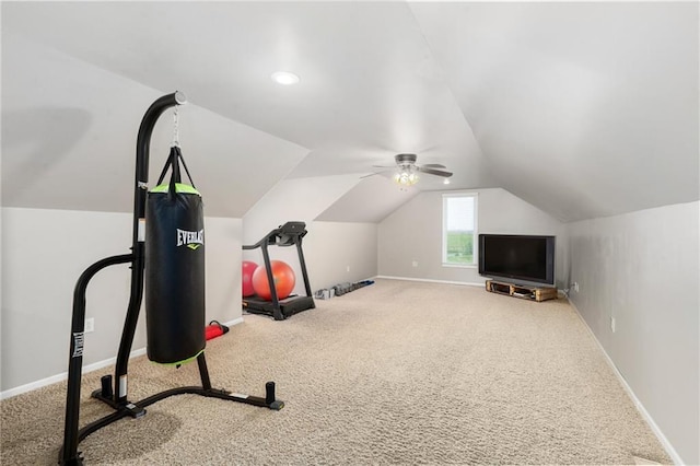 16805 266th Rd, Atchison, KS 66002 - workout area featuring lofted ceiling, carpet floors, baseboards, and ceiling fan