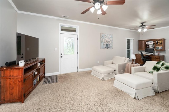 16805 266th Rd, Atchison, KS 66002 - living room with a ceiling fan, crown molding, light carpet, and baseboards