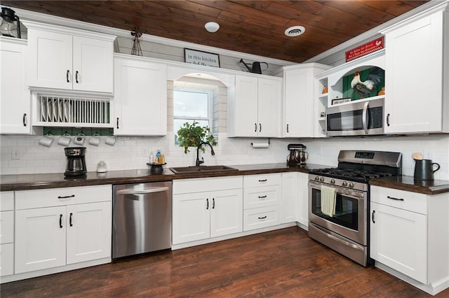 16805 266th Rd, Atchison, KS 66002 - kitchen featuring stainless steel appliances, open shelves, wooden ceiling, a sink, and dark countertops