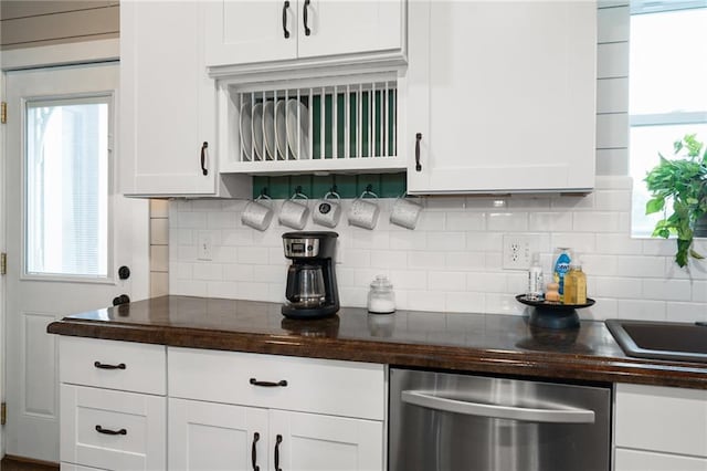 16805 266th Rd, Atchison, KS 66002 - kitchen with dishwasher, tasteful backsplash, white cabinets, and butcher block countertops