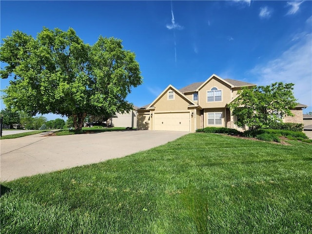 14650 NW 66th Ter, Parkville, MO 64152 - view of front of property with stucco siding, a front lawn, driveway, and an attached garage