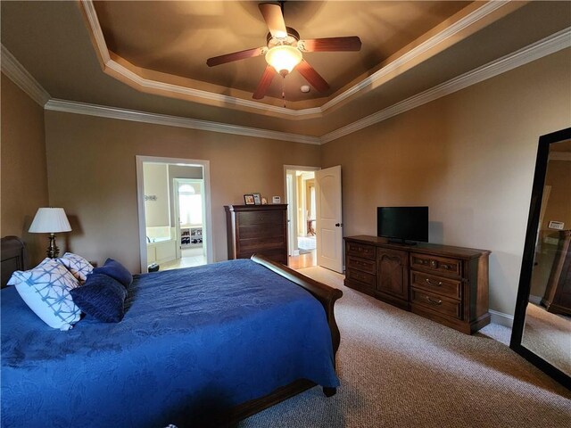 14650 NW 66th Ter, Parkville, MO 64152 - bedroom featuring a raised ceiling, light carpet, crown molding, ensuite bath, and ceiling fan