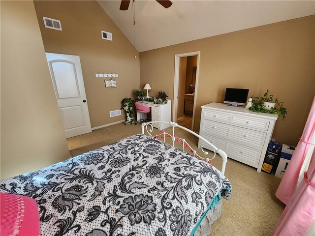 14650 NW 66th Ter, Parkville, MO 64152 - carpeted bedroom with high vaulted ceiling, baseboards, and a ceiling fan
