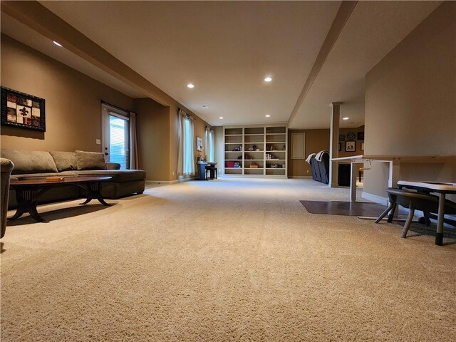 14650 NW 66th Ter, Parkville, MO 64152 - living area with carpet, built in features, recessed lighting, and baseboards