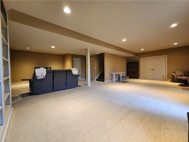14650 NW 66th Ter, Parkville, MO 64152 - living area featuring carpet flooring, stairs, recessed lighting, and baseboards