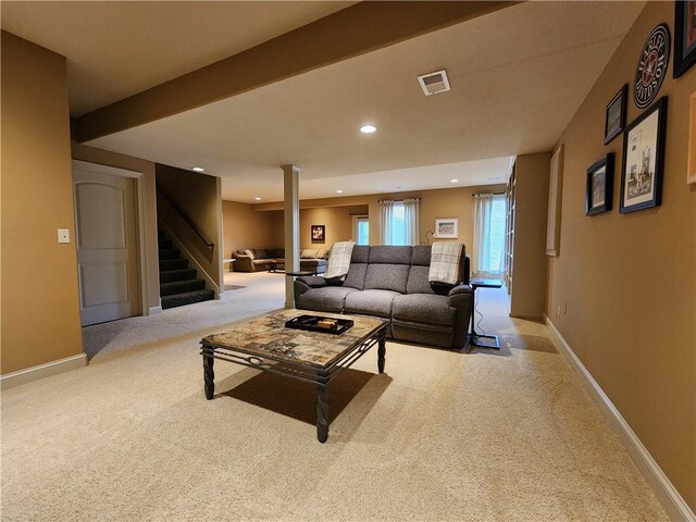 14650 NW 66th Ter, Parkville, MO 64152 - living room featuring carpet floors, stairs, recessed lighting, and baseboards