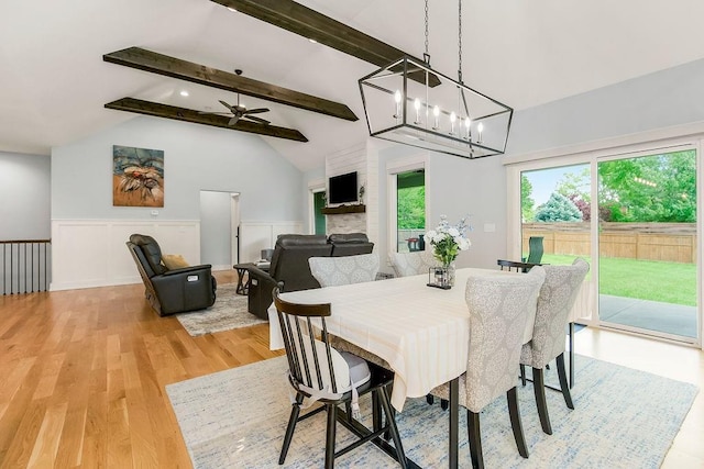 4403 Goldfield St, Lawrence, KS 66049 - dining room featuring beamed ceiling, light wood finished floors, a chandelier, high vaulted ceiling, and a wainscoted wall