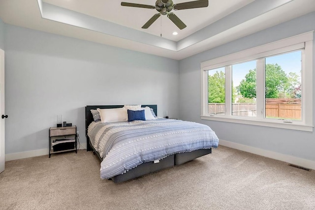 4403 Goldfield St, Lawrence, KS 66049 - bedroom with carpet floors, baseboards, a raised ceiling, recessed lighting, and a ceiling fan