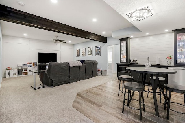 4403 Goldfield St, Lawrence, KS 66049 - carpeted dining area featuring wet bar, recessed lighting, a ceiling fan, and beam ceiling