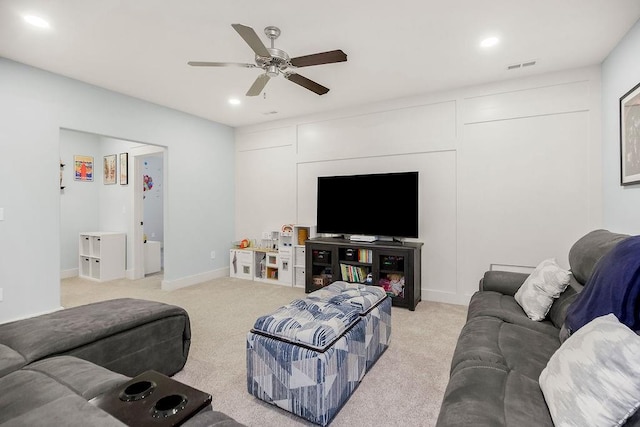 4403 Goldfield St, Lawrence, KS 66049 - living area featuring recessed lighting, a ceiling fan, light carpet, and baseboards