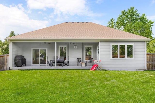 4403 Goldfield St, Lawrence, KS 66049 - rear view of property with ceiling fan, a patio area, and roof with shingles