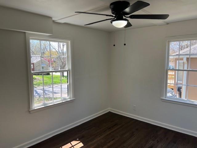 spare room with baseboards, healthy amount of natural light, and dark wood-style floors