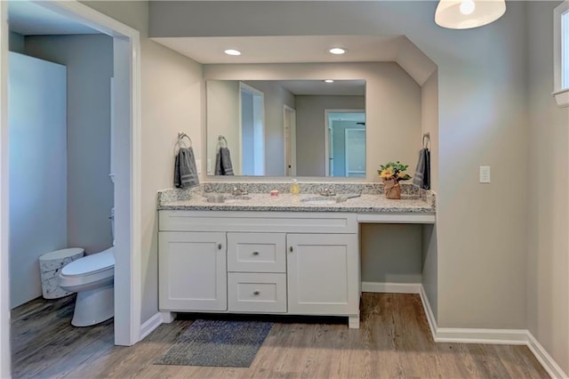 16253 W Briarwood Ct, Olathe, KS 66062 - bathroom featuring wood finished floors, baseboards, toilet, double vanity, and recessed lighting