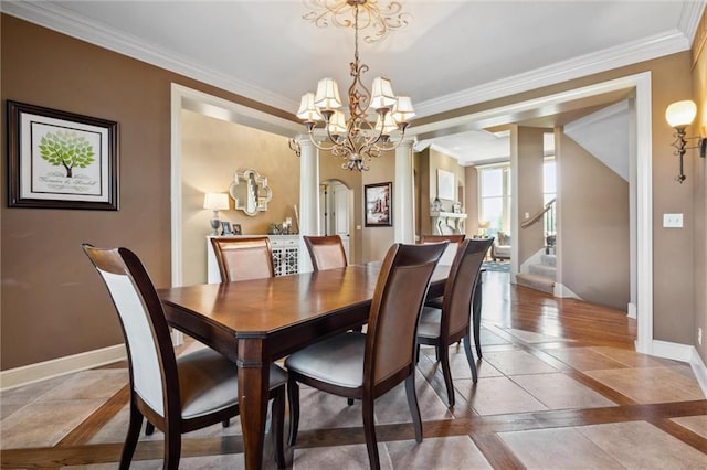 10233 N Prospect Ave, Kansas City, MO 64155 - dining space with inlaid floor details, a chandelier, baseboards, ornamental molding, and stairs