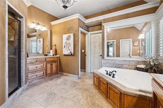 10233 N Prospect Ave, Kansas City, MO 64155 - bathroom featuring vanity, healthy amount of natural light, a jetted tub, a shower stall, and crown molding