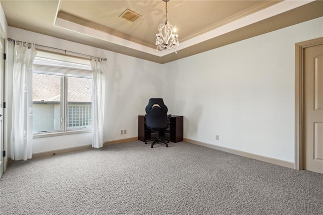 10233 N Prospect Ave, Kansas City, MO 64155 - carpeted office featuring a raised ceiling, a chandelier, ornamental molding, and baseboards